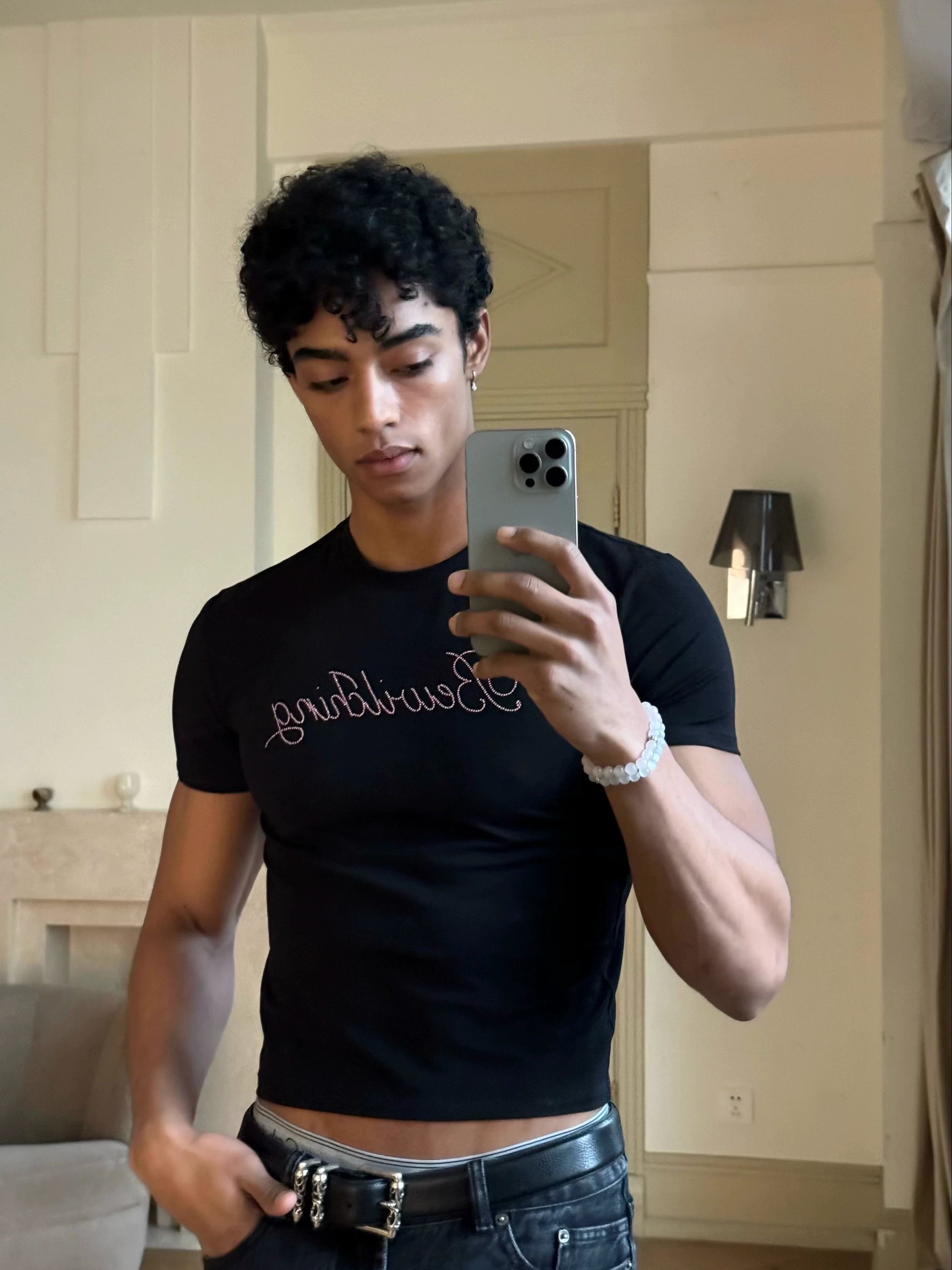 Black Fitted Gradient Letter T-Shirt