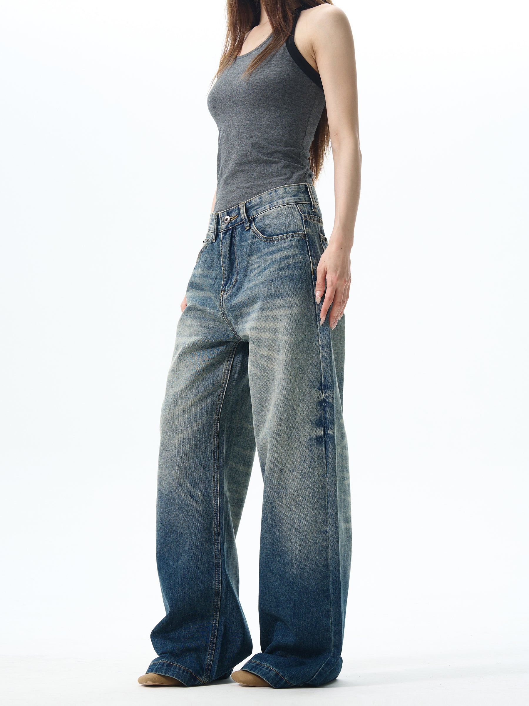 Distressed Gradient Wide-Leg Jeans