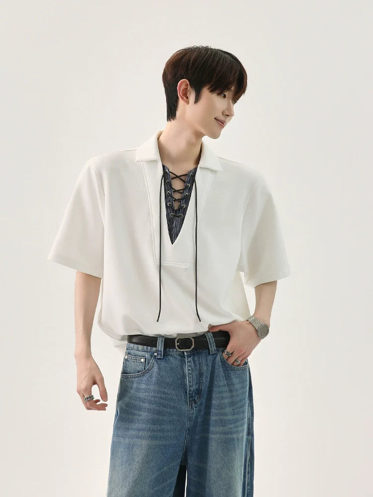 차콜 레이스업 카라 폴로 셔츠