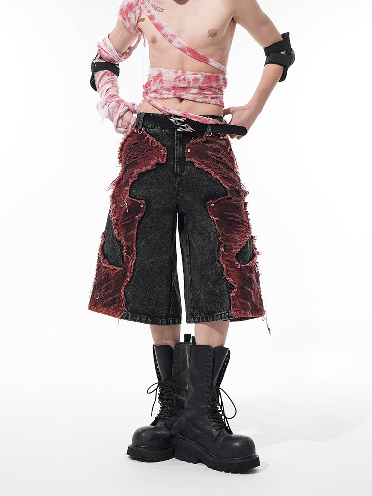 Black Red Distressed Denim Shorts
