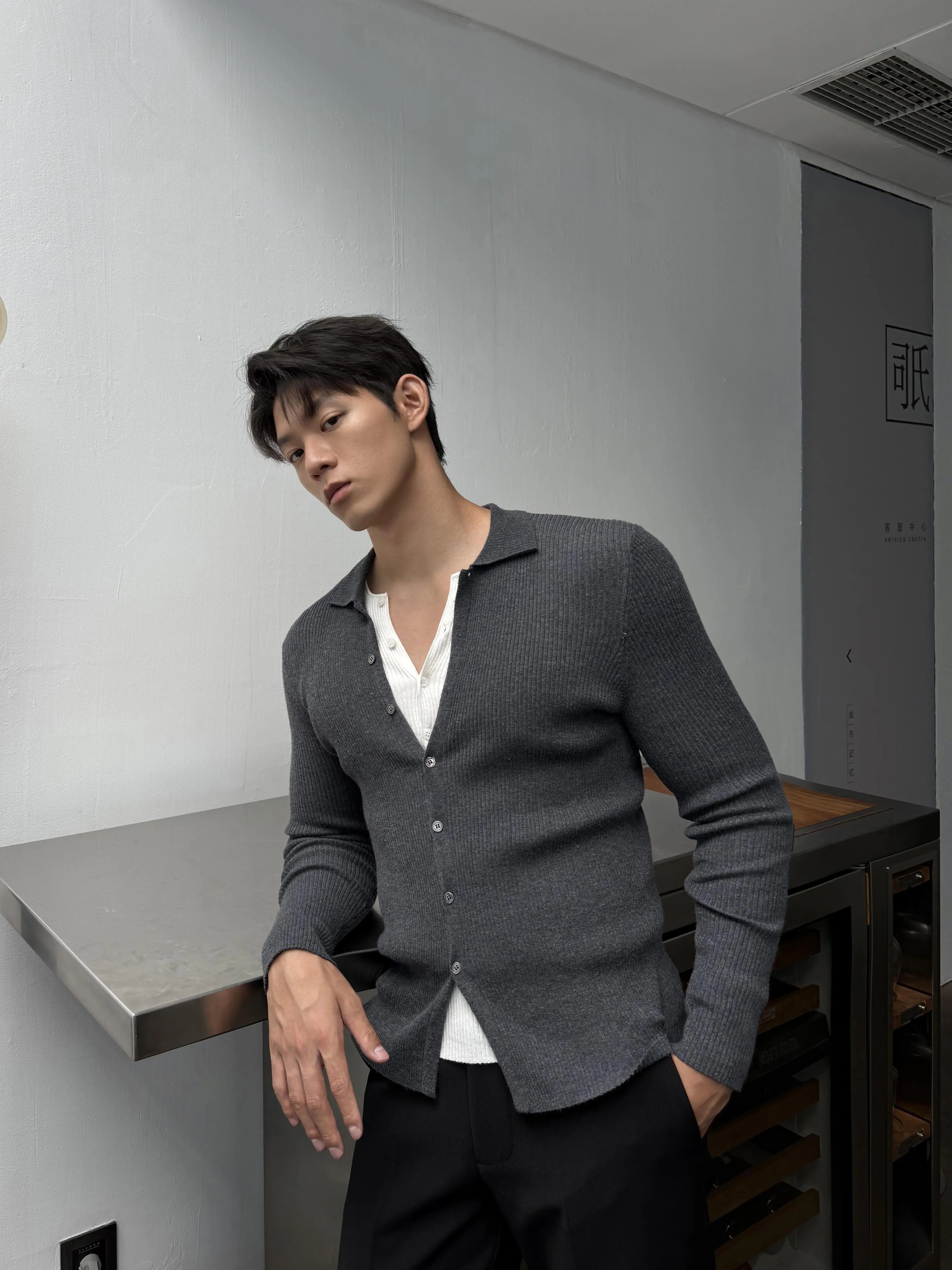 Charcoal Gray Classic V-Neck Button Cardigan
