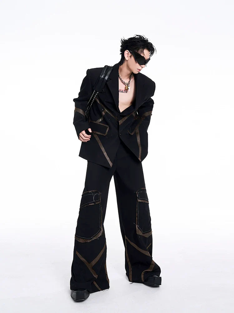 Leather Mix Oversize Double Jacket & Wide Leg Cargo Trousers Setup