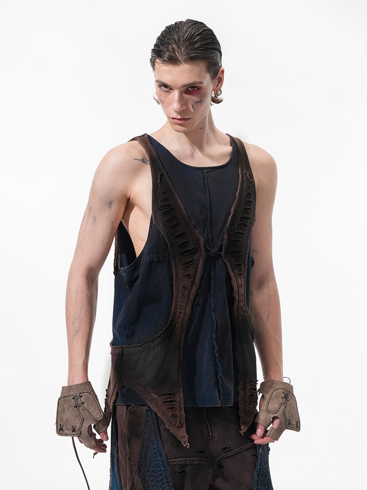 Deconstructed Patchwork Denim Sweatshirt Tank Top and Pants Setup