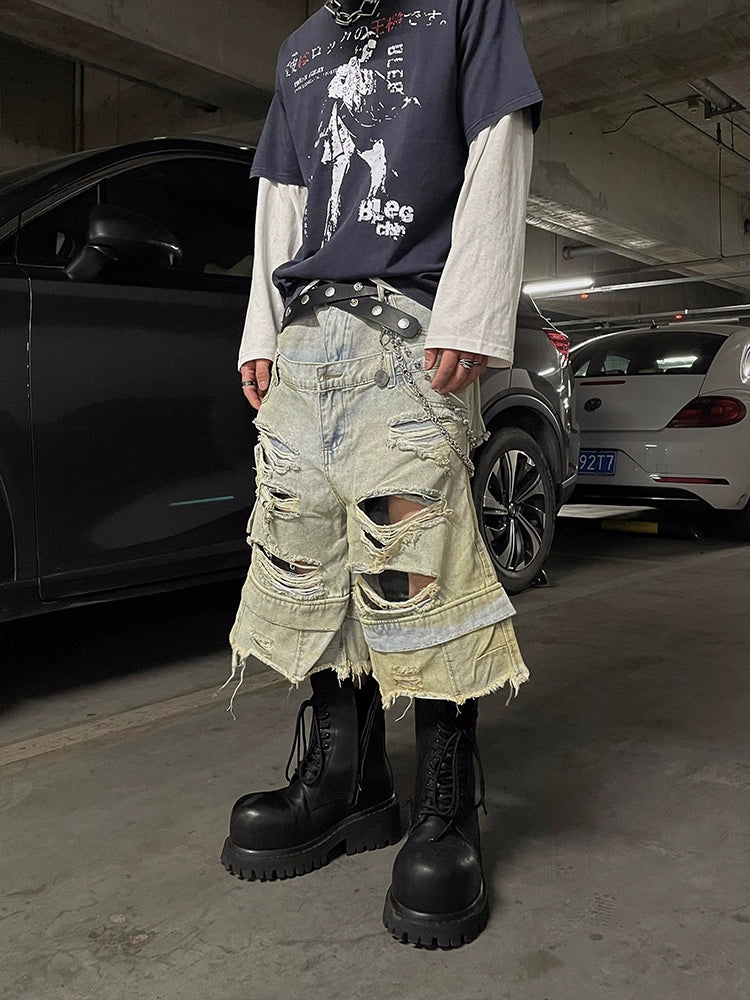 Shredded Edge Ripped Denim Shorts