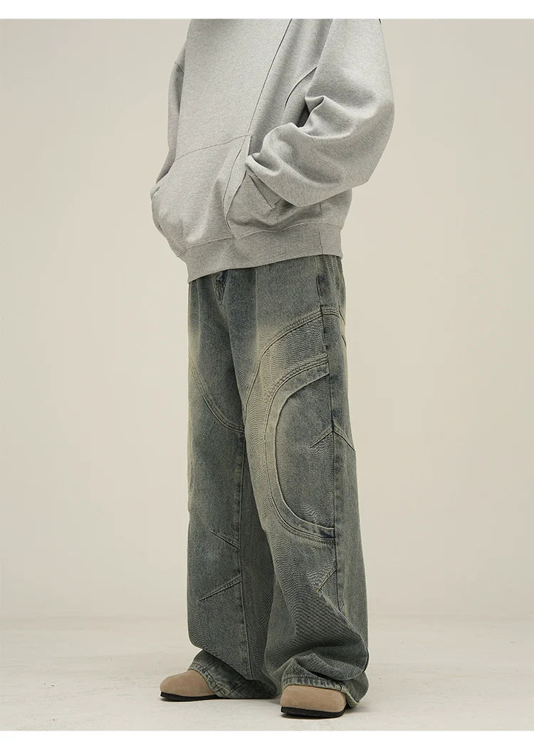 Wide-Leg Vintage Washed Jeans with Curved Stitching