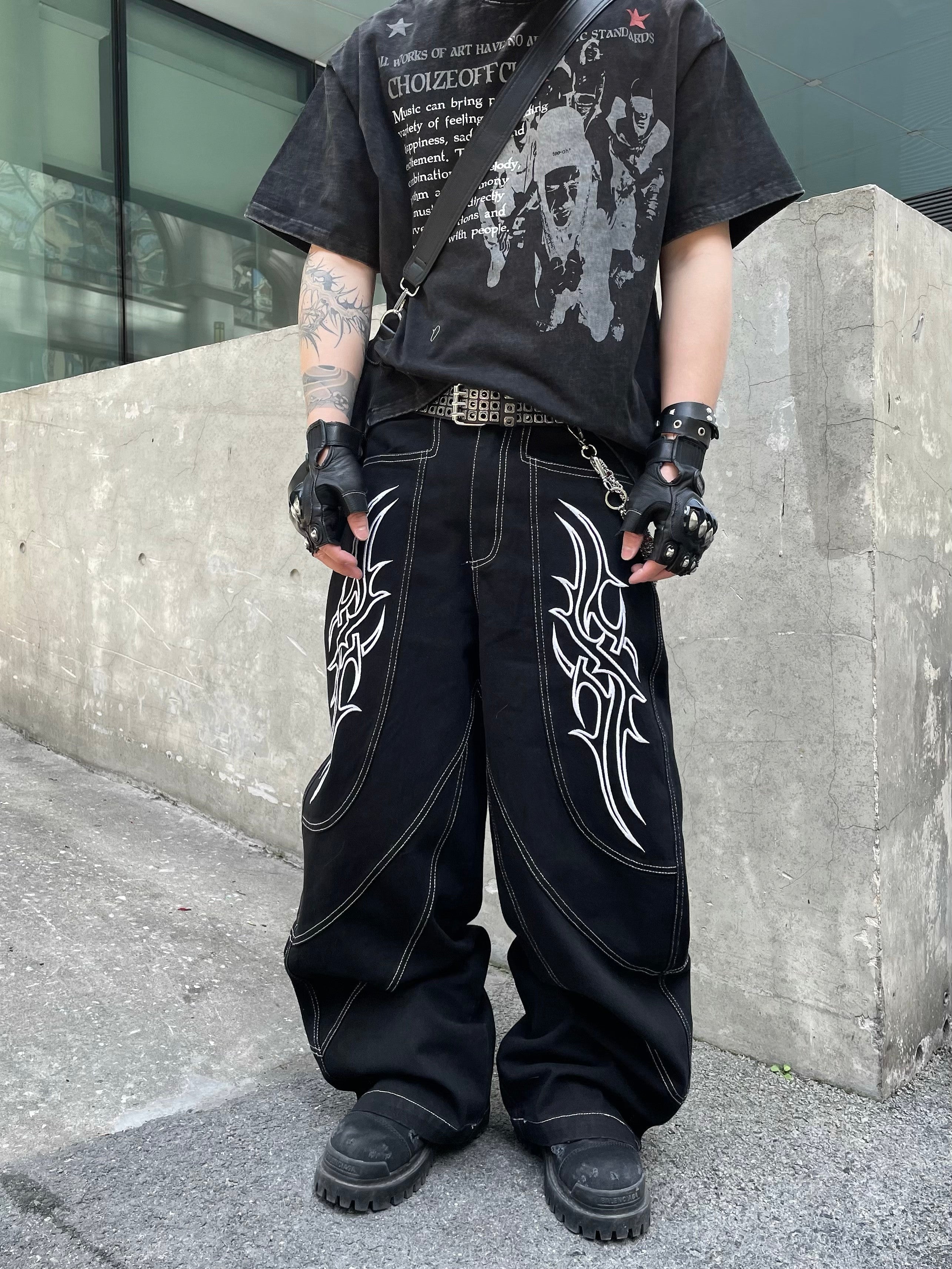 스티치 자수 트라이벌 불꽃 와이드 레그 진