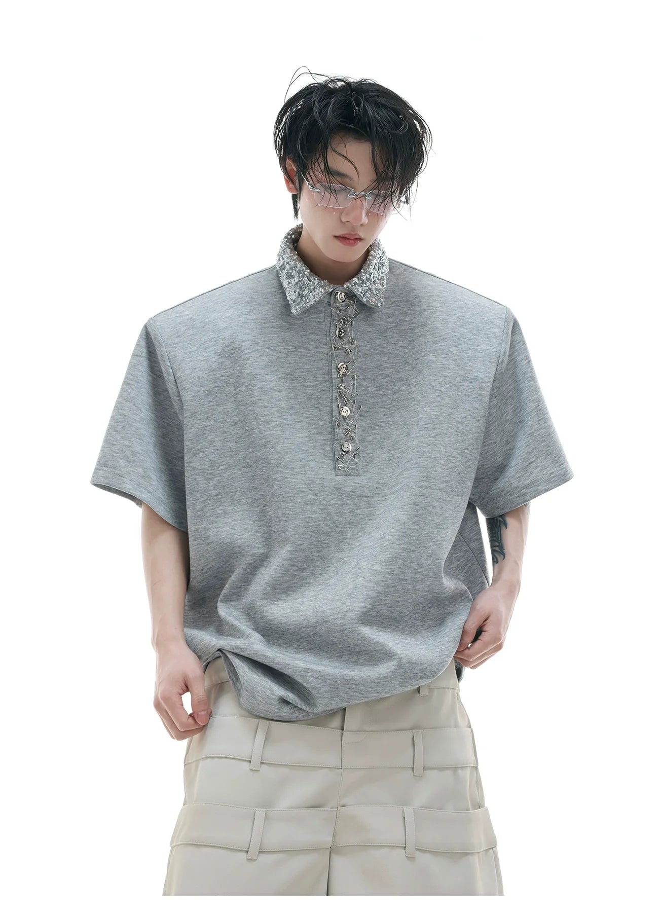 Grey Cotton Polo Shirt Short Sleeve