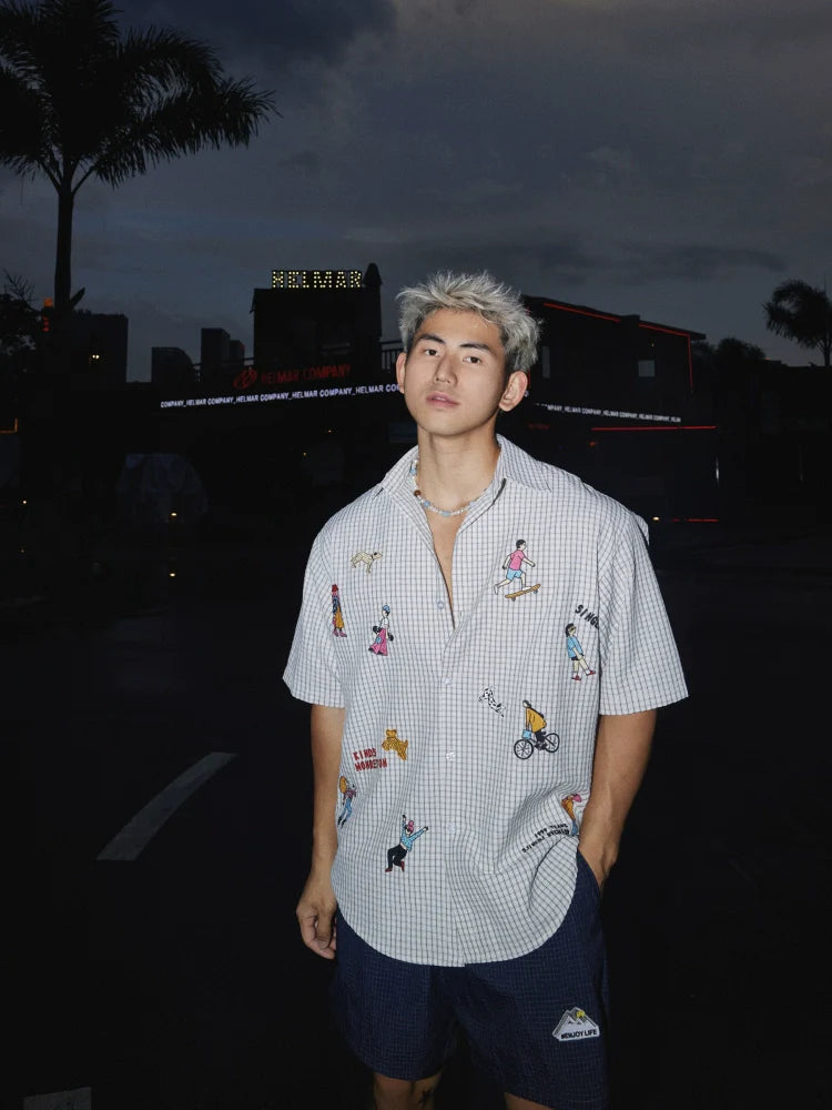 Cartoon Embroidered Check Shirt