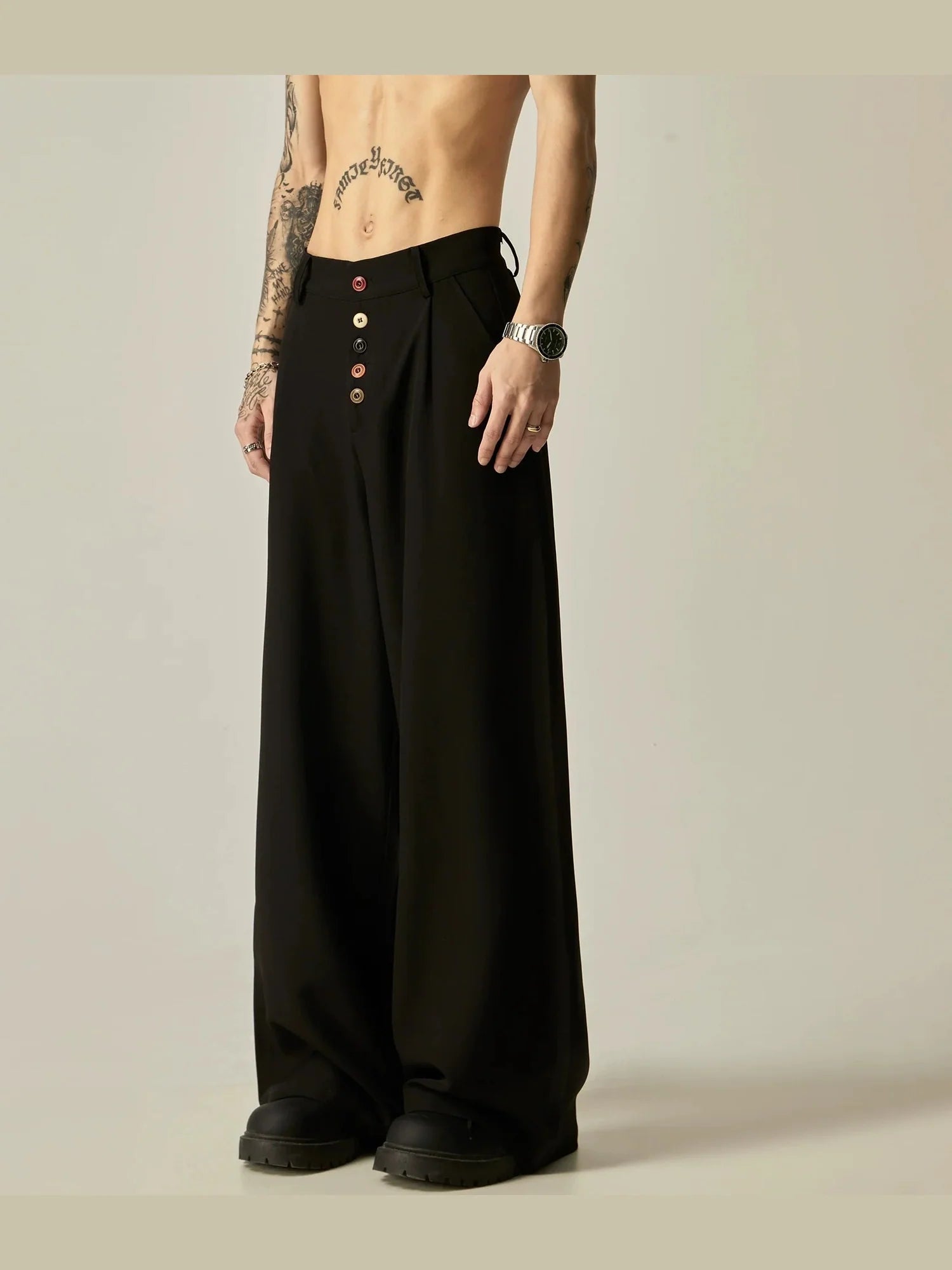 Multi-Button High-Waisted Wide-Leg Trousers