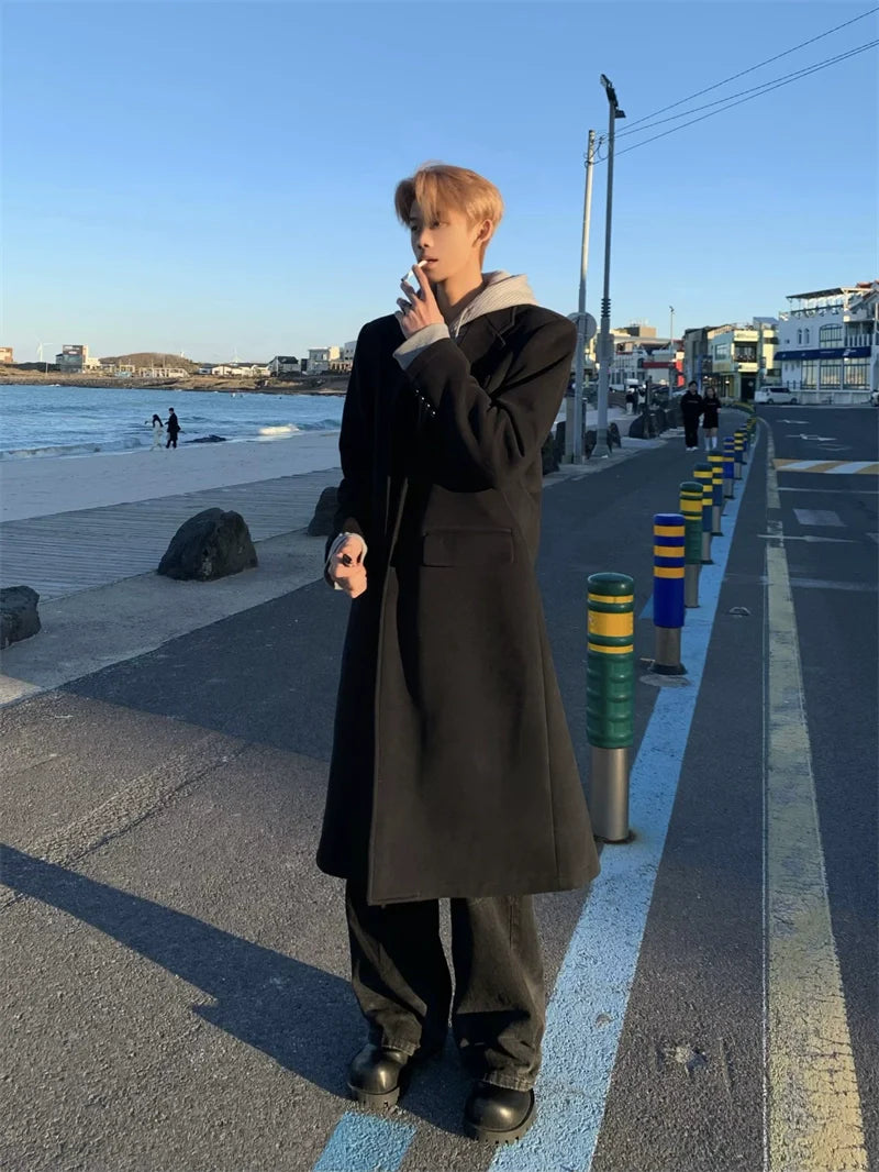 Long Black Wool Coat with Hoodie Layering