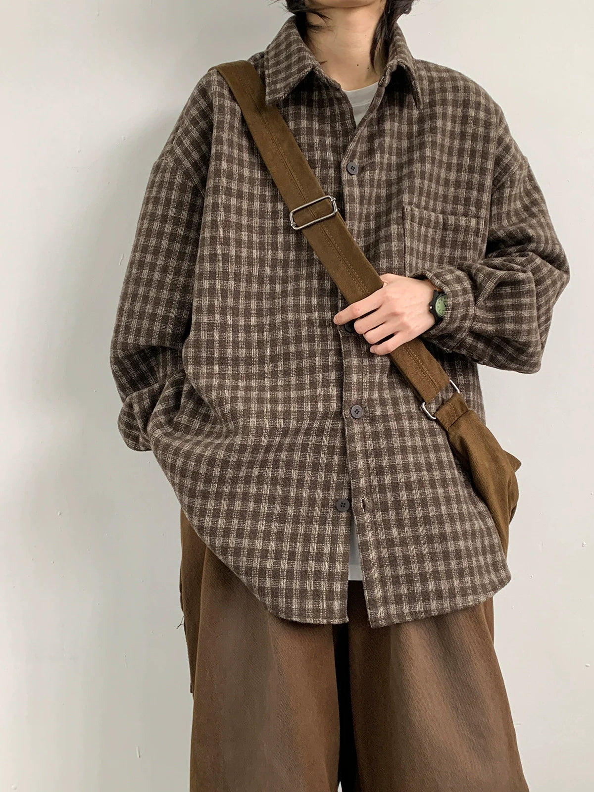 Oversized Brown Plaid Flannel Shirt