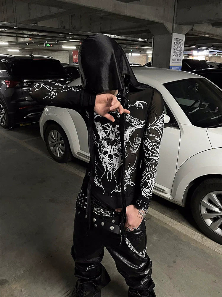 고딕 불꽃 망사 상의