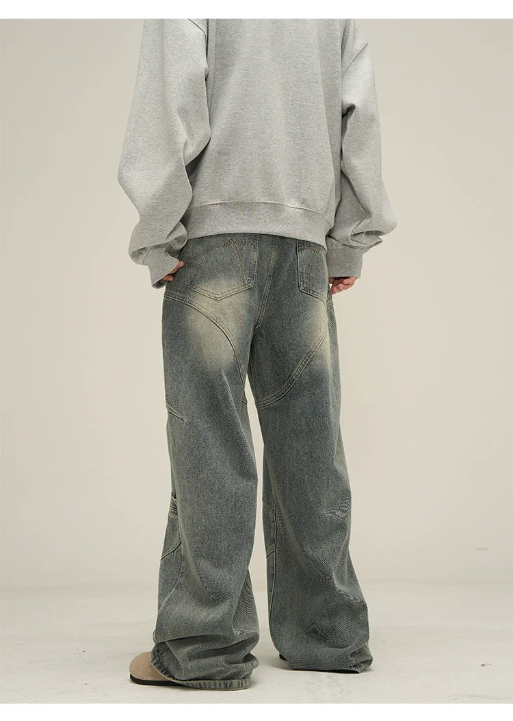 Wide-Leg Vintage Washed Jeans with Curved Stitching