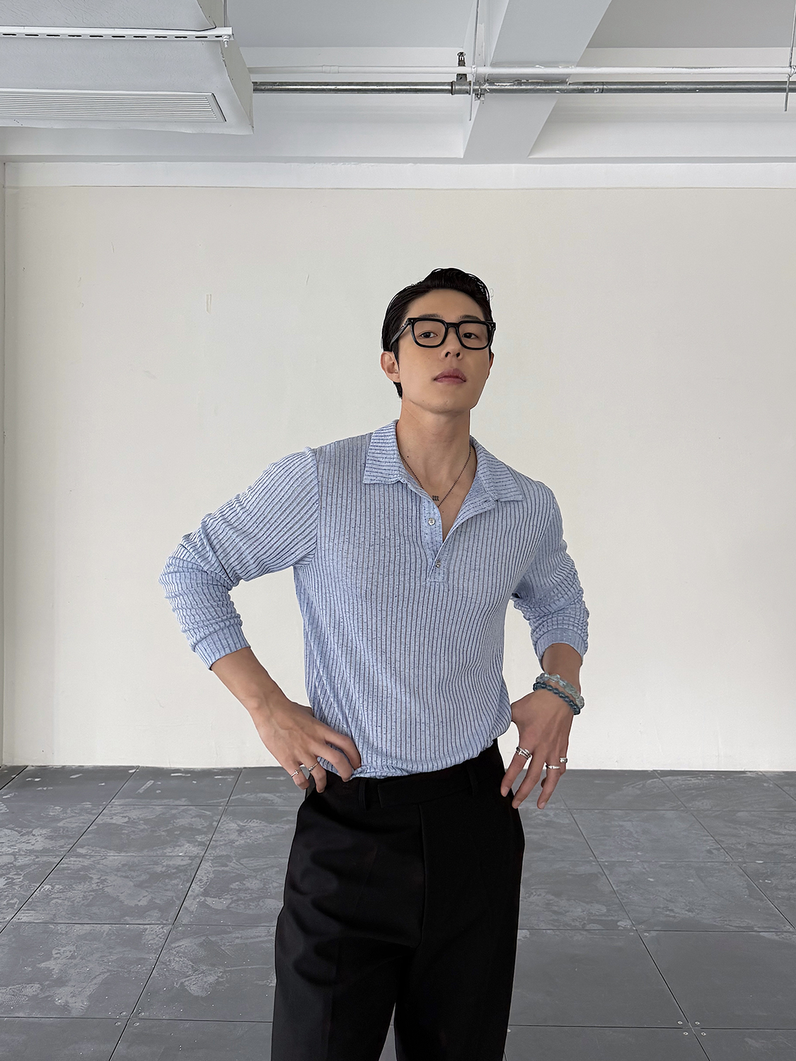 Light Blue Ribbed Polo Knit Shirt