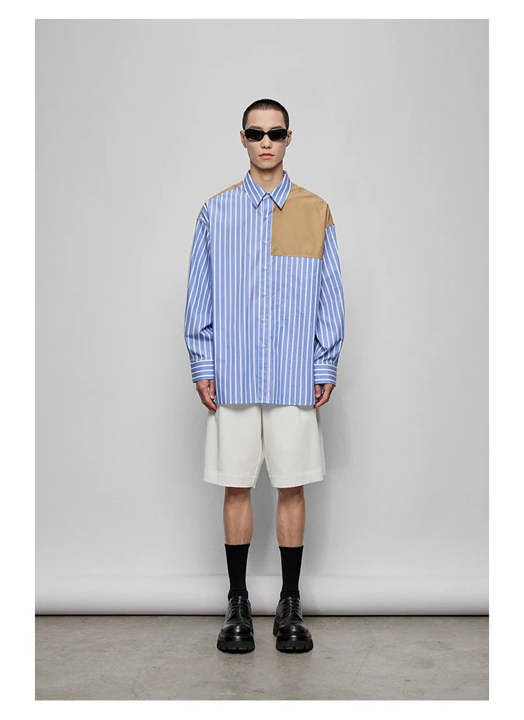 Color-Block Patchwork Pocket Oversized Shirt