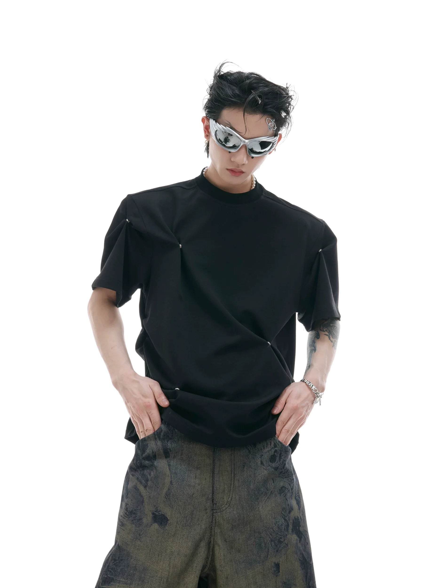전술 블랙 목폴라 티셔츠