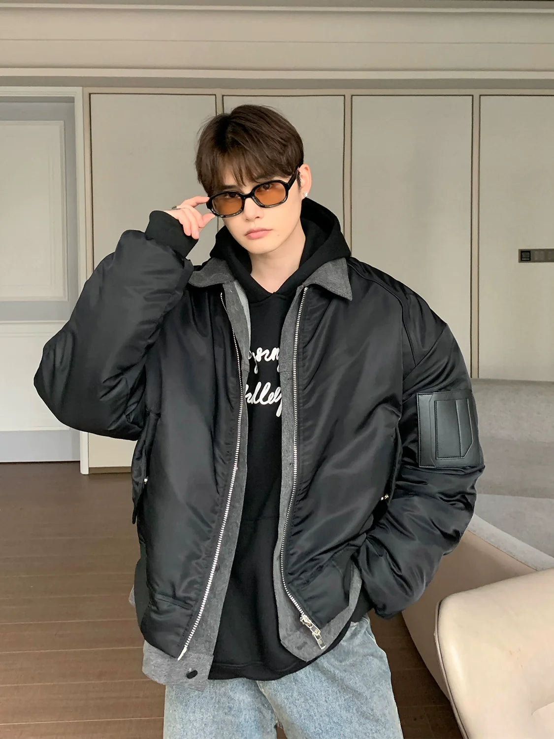 Bomber Jacket with Zipper Front and Ribbed Details