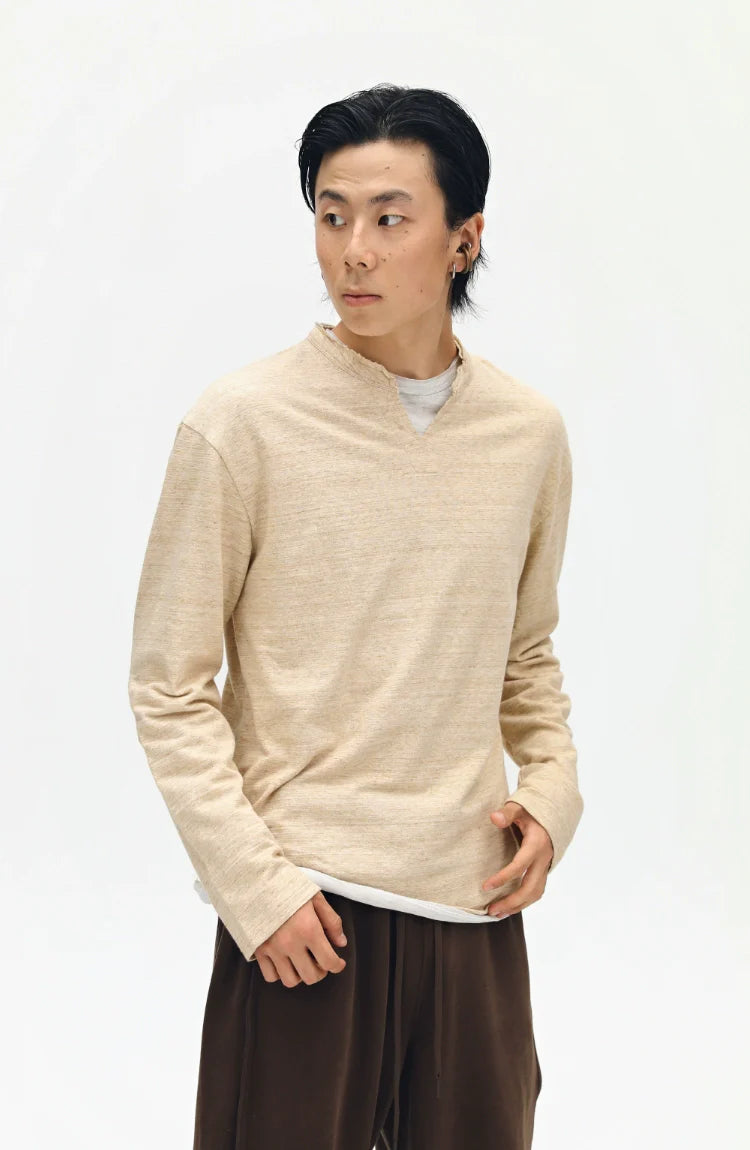 Plain V-neck Long Sleeve T-shirt