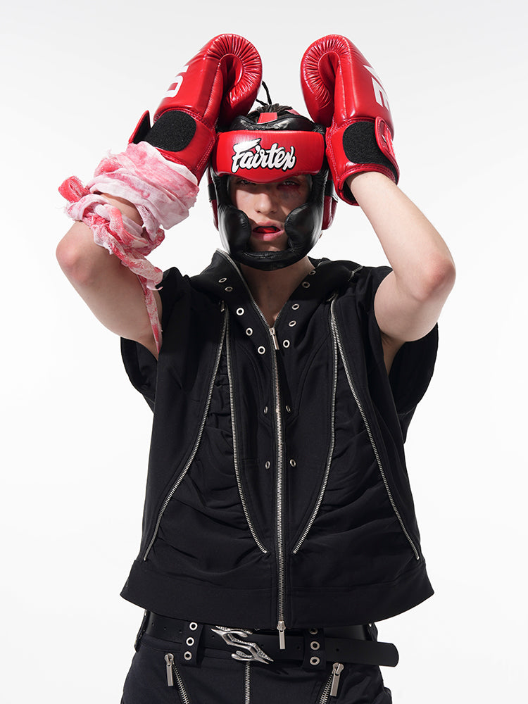 Black Zip-Detail Fighter Jacket and Zipper Pants Setup