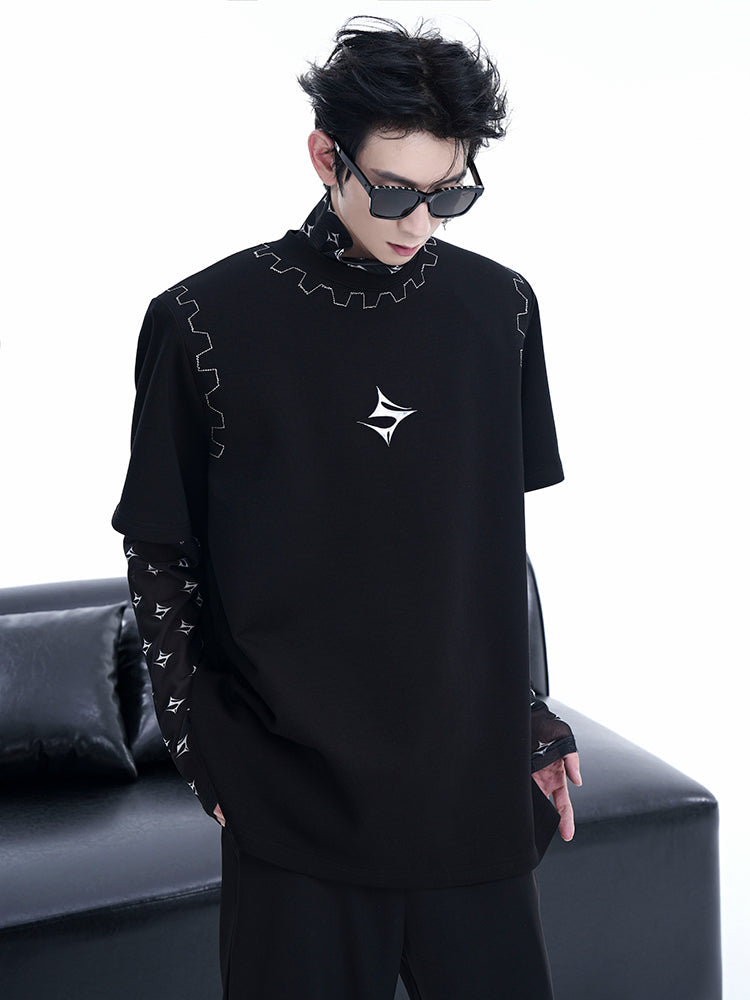 Mock Neck Layered Top with Geometric Pattern Details