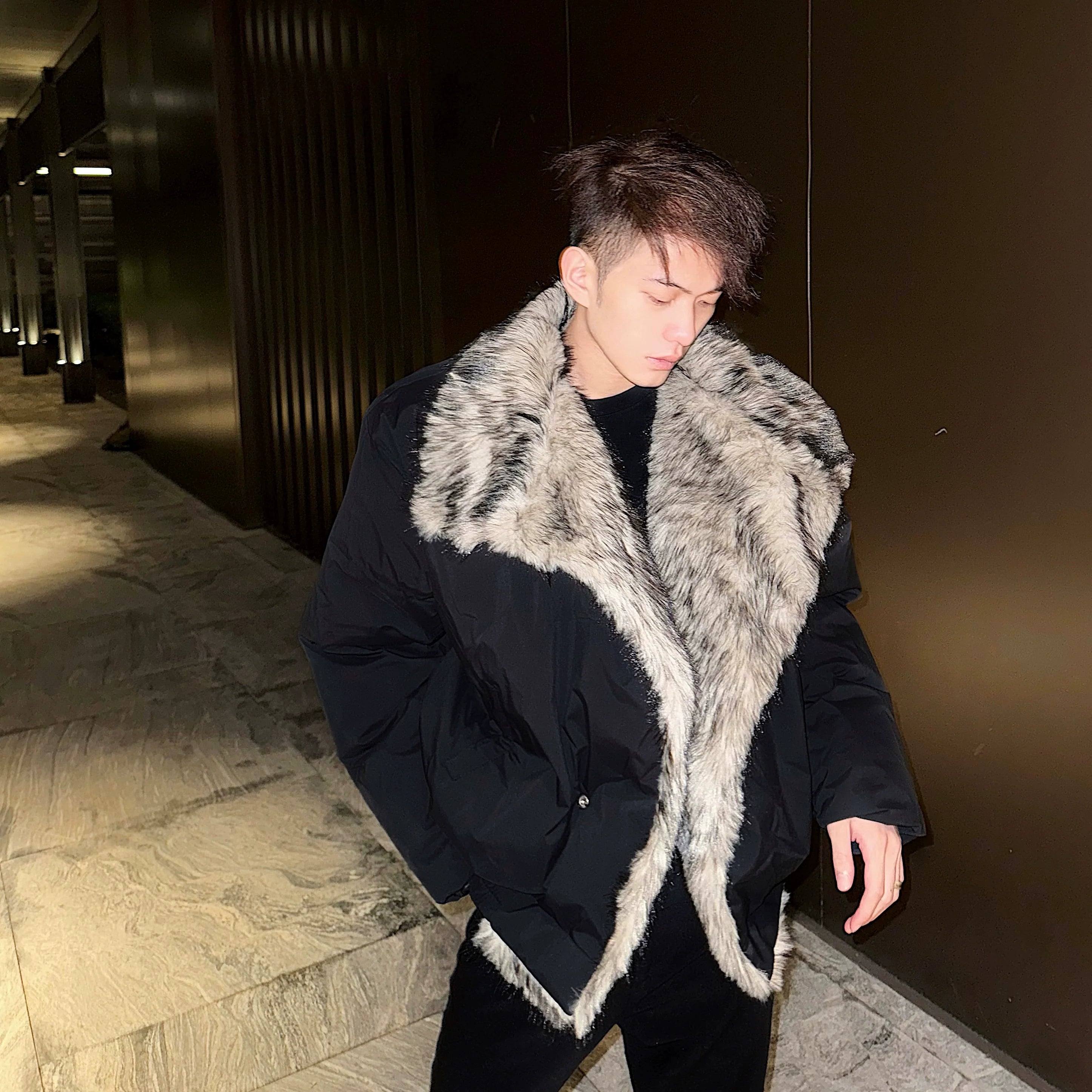 Black Bomber Jacket with Faux Fur Lapel