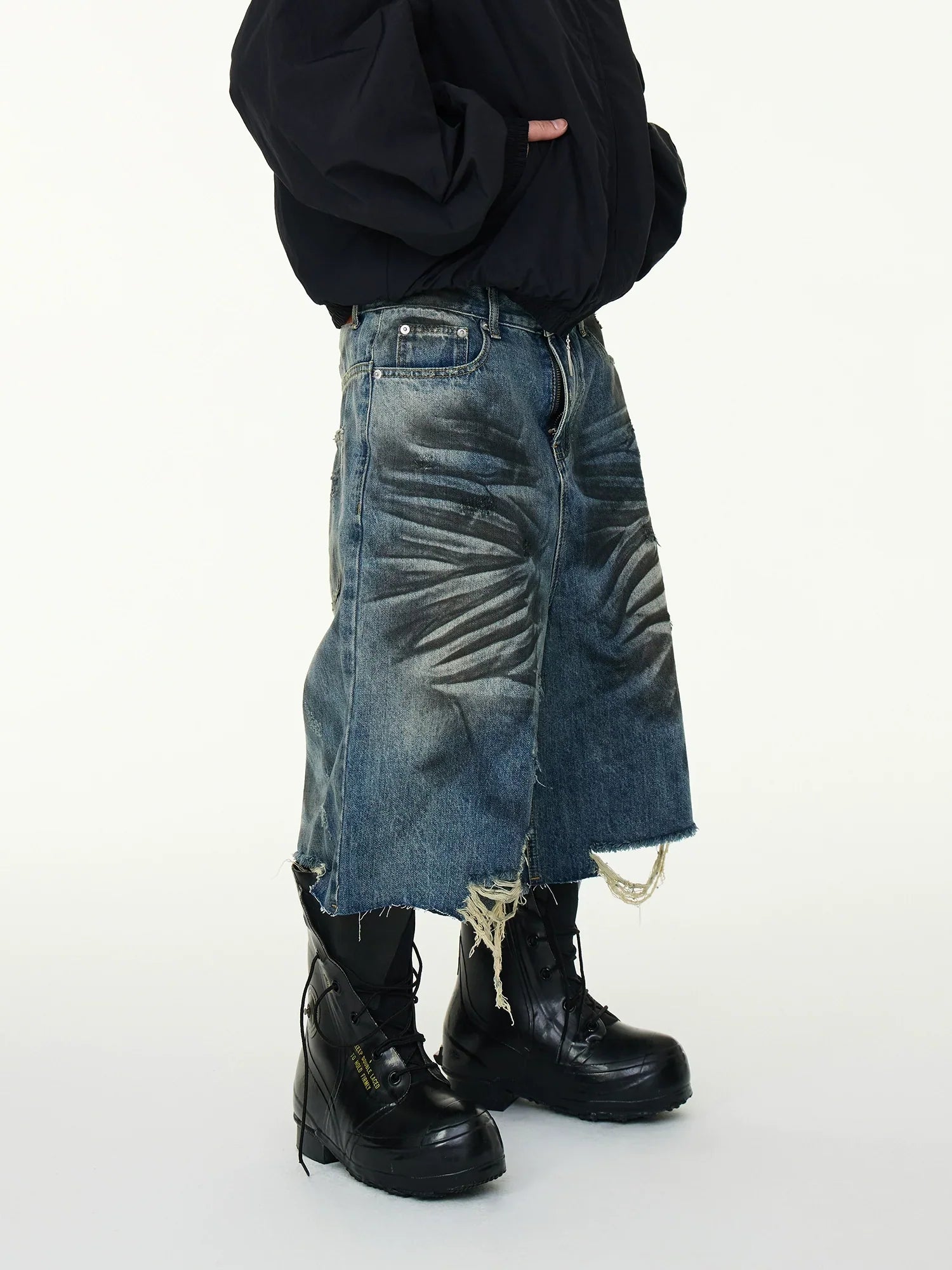 Distressed Palm Spray Denim Shorts