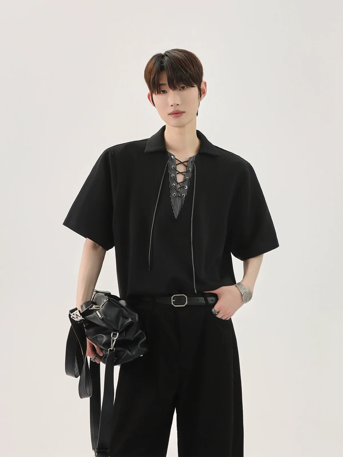 차콜 레이스업 카라 폴로 셔츠