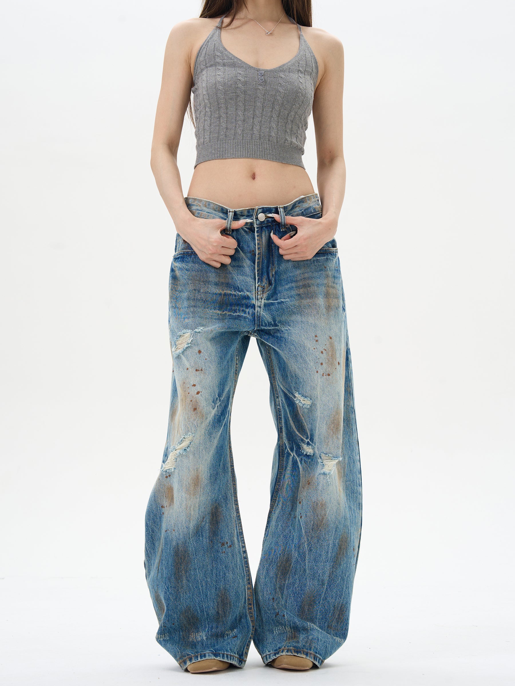 Distressed Wide Leg Denim Jeans
