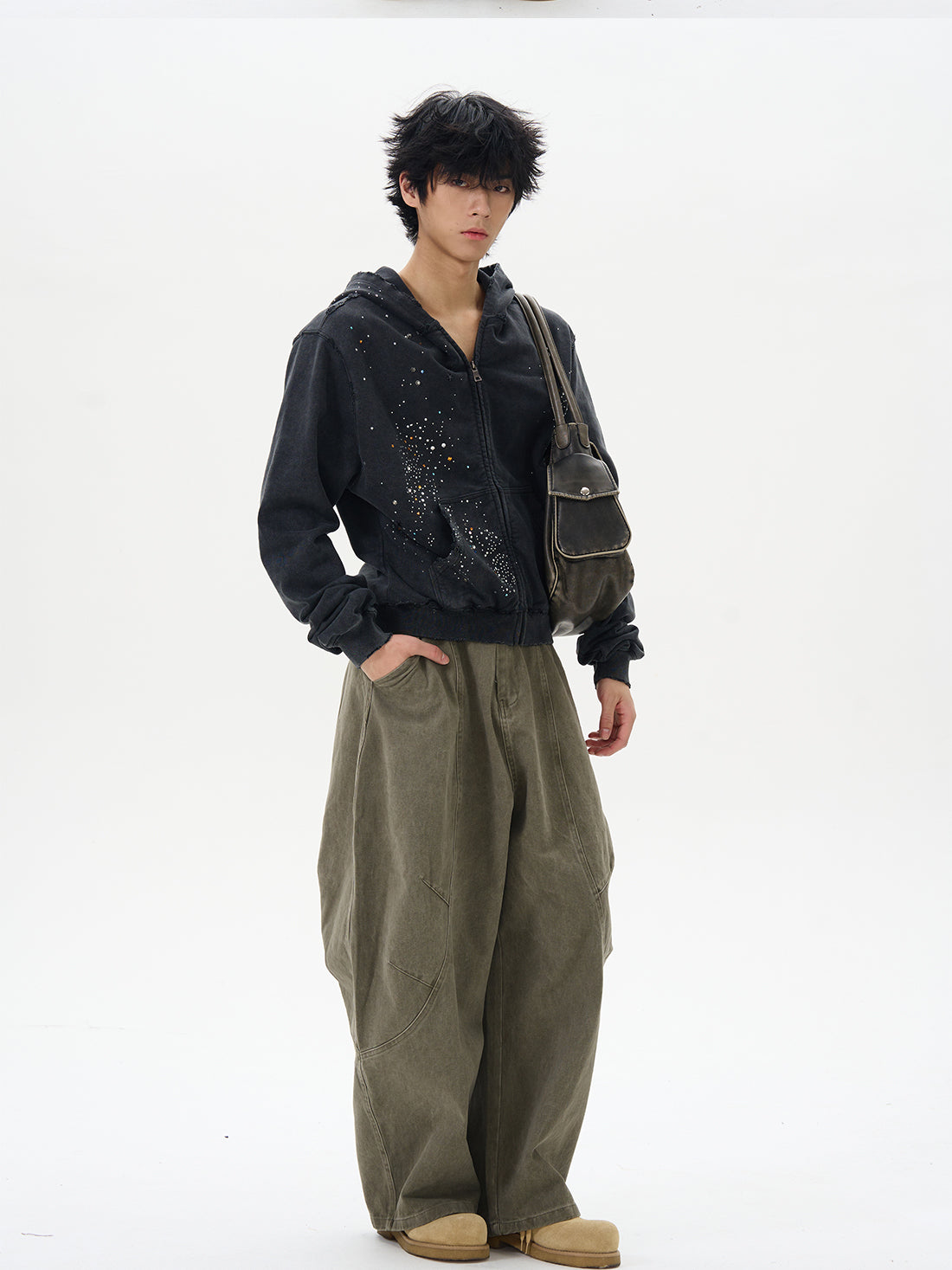 Black Distressed Zip-Up Hooded Sweatshirt