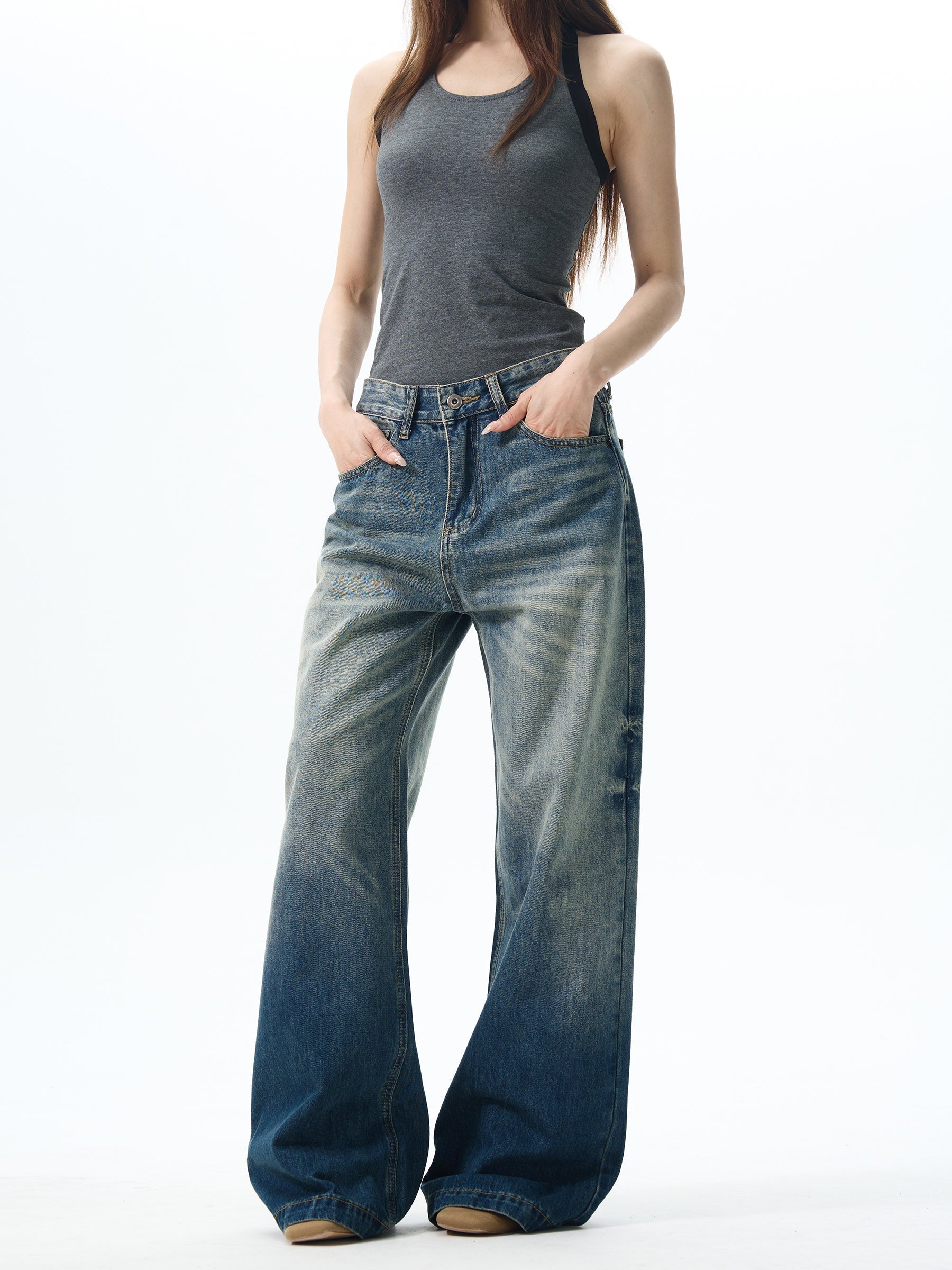 Distressed Gradient Wide-Leg Jeans