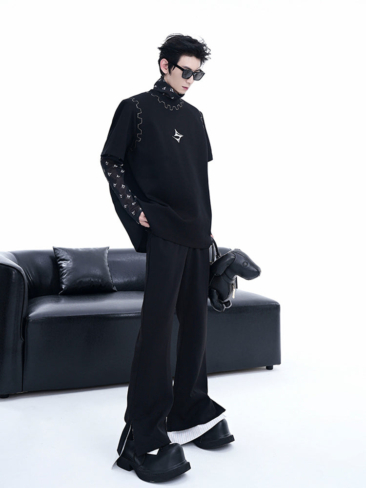 Mock Neck Layered Top with Geometric Pattern Details