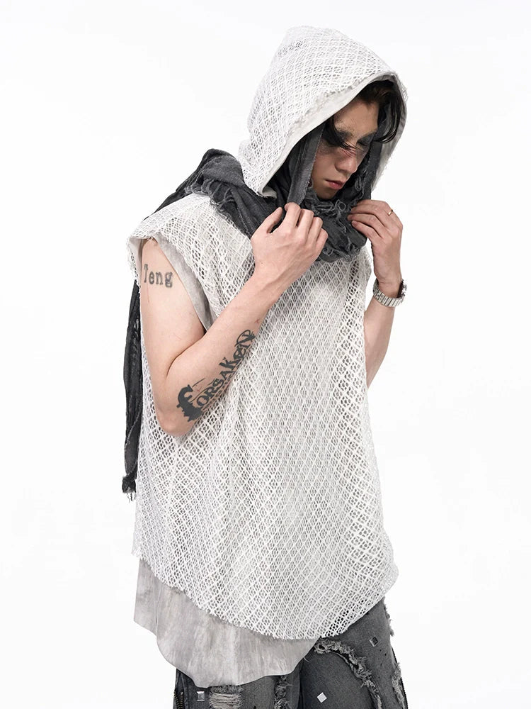 Black Mesh Sleeveless Hoodie with Textured Pattern