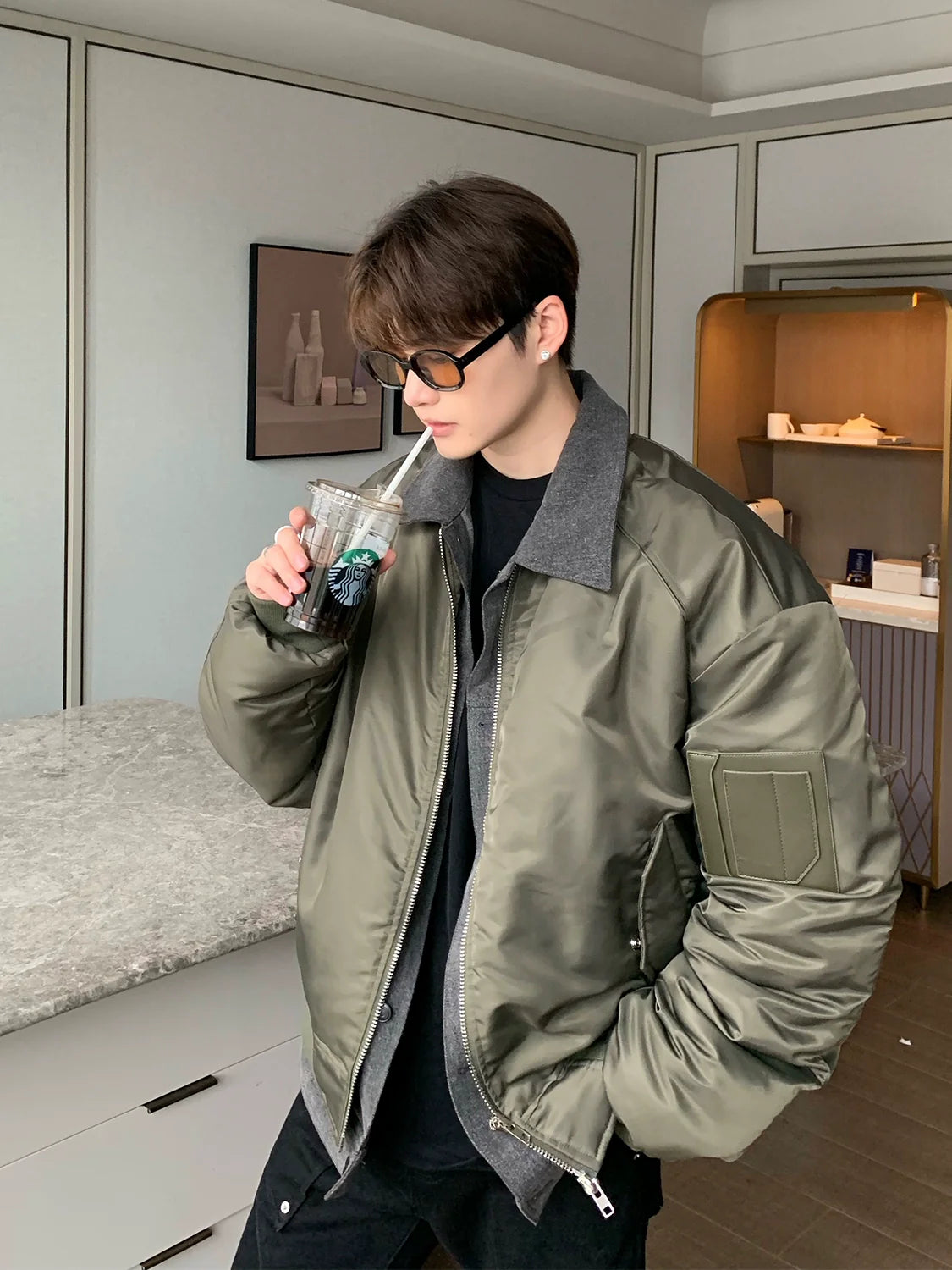 Bomber Jacket with Zipper Front and Ribbed Details