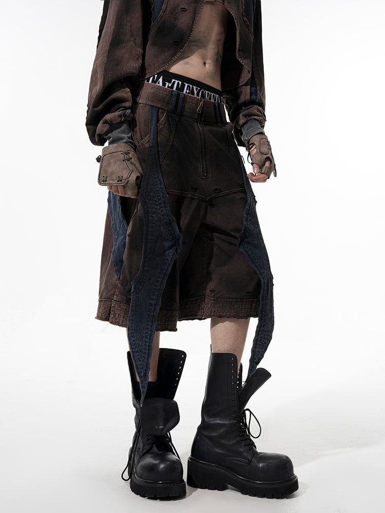 Deconstructed Patchwork Denim Sweatshirt Tank Top and Pants Setup