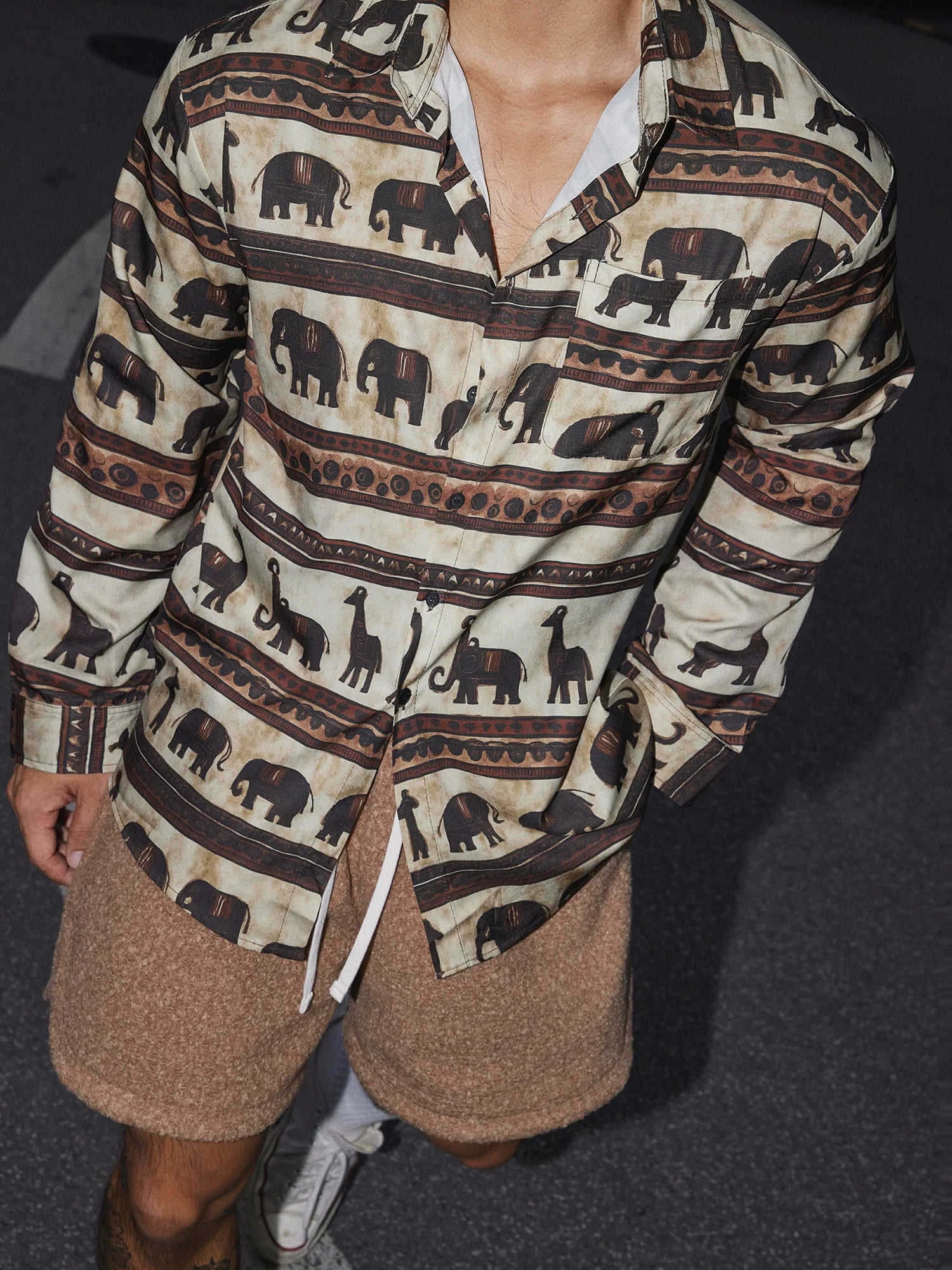 Brown Elephant Print Button-Up Shirt