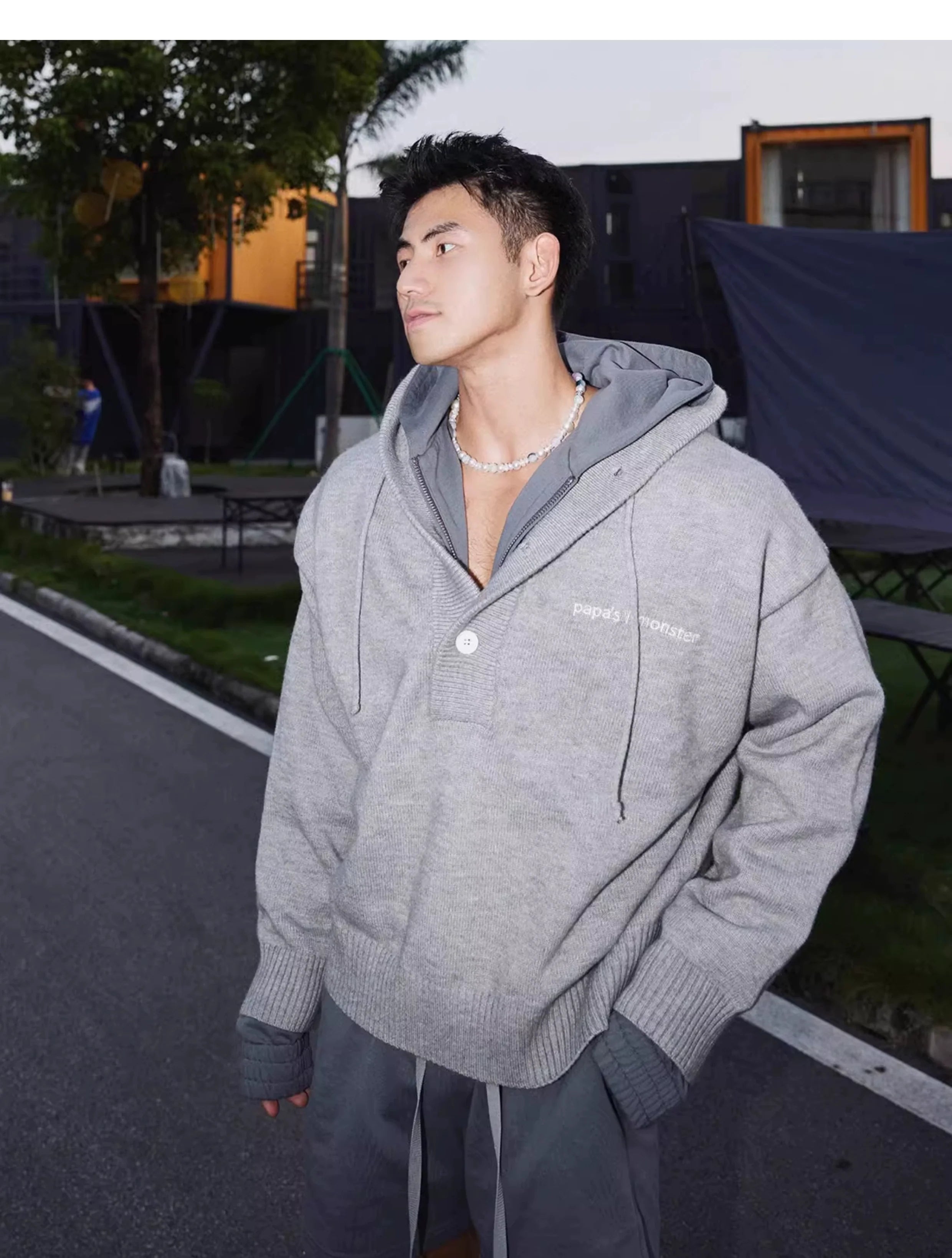 Blue Knit Hooded Henley Sweater