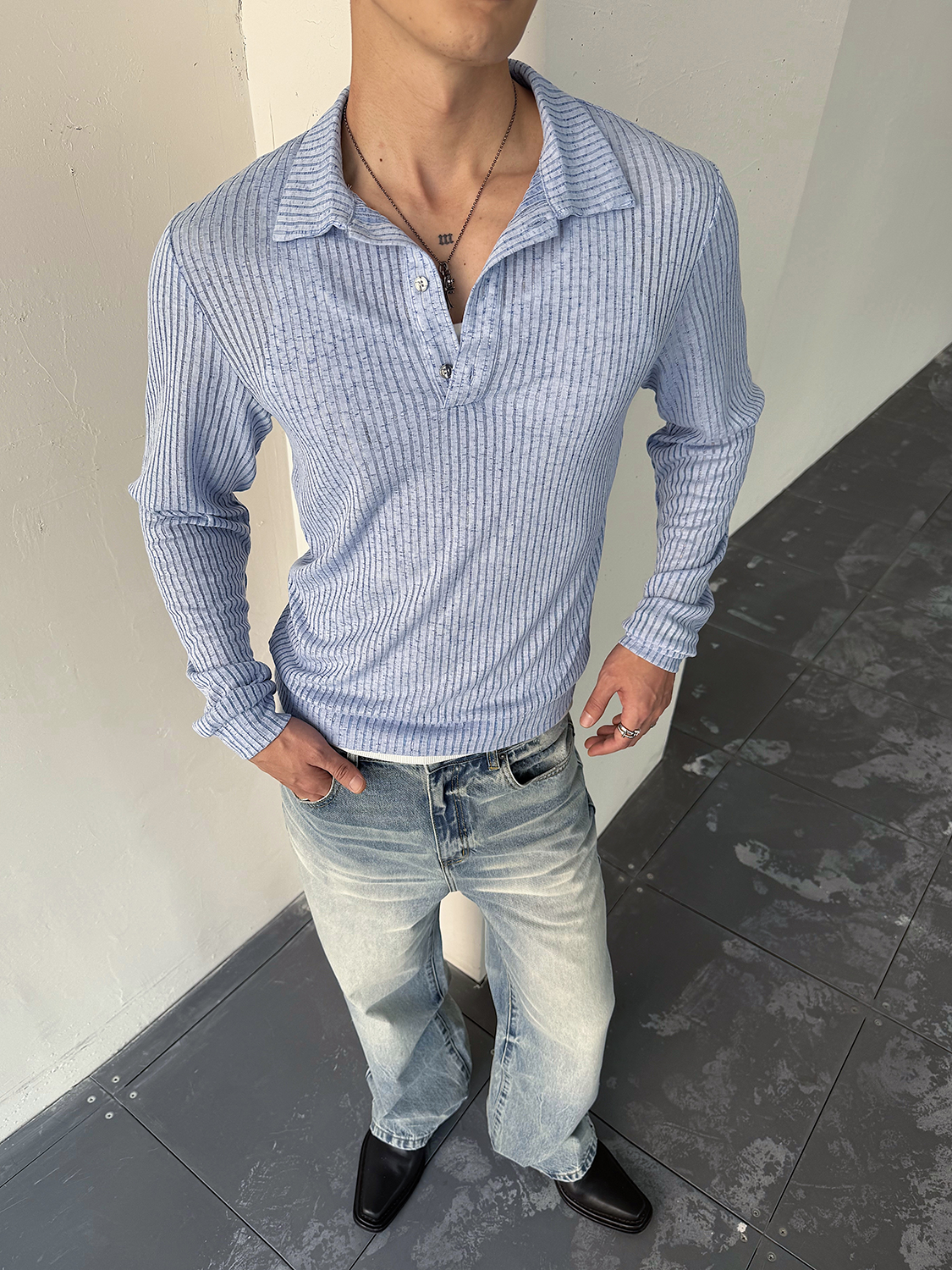 Light Blue Ribbed Polo Knit Shirt