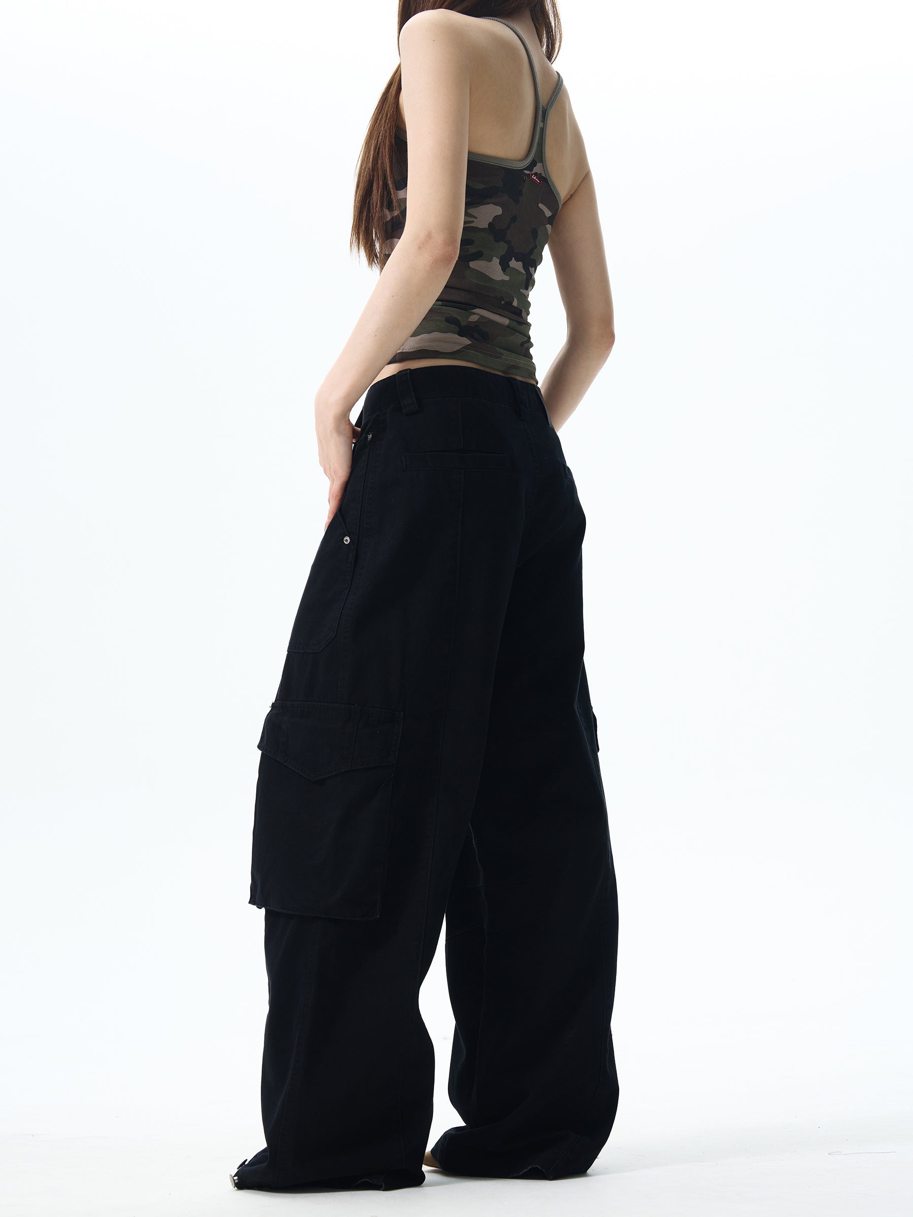 Wide Leg Cargo Pants in Beige & Black