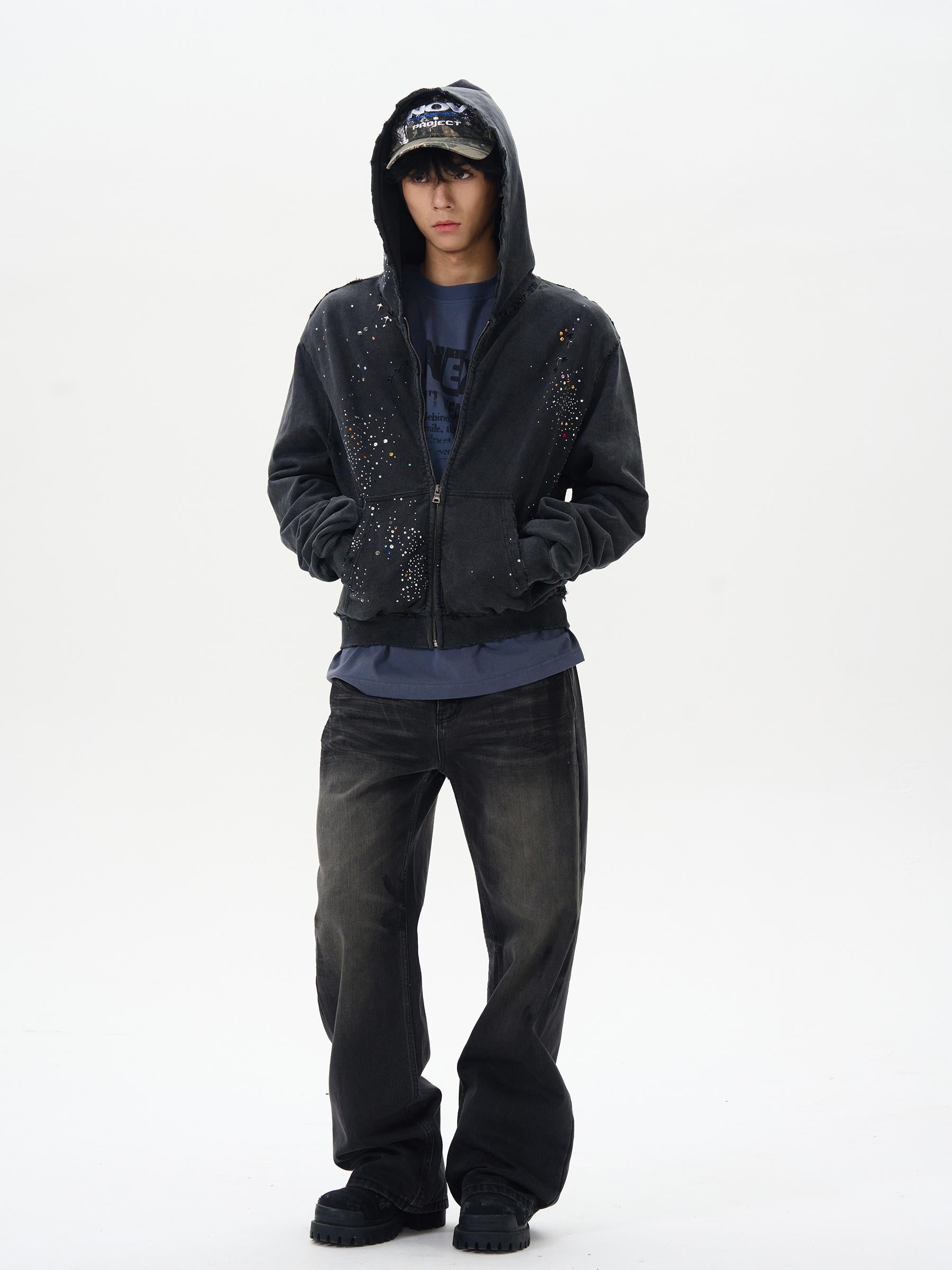 Black Distressed Zip-Up Hooded Sweatshirt