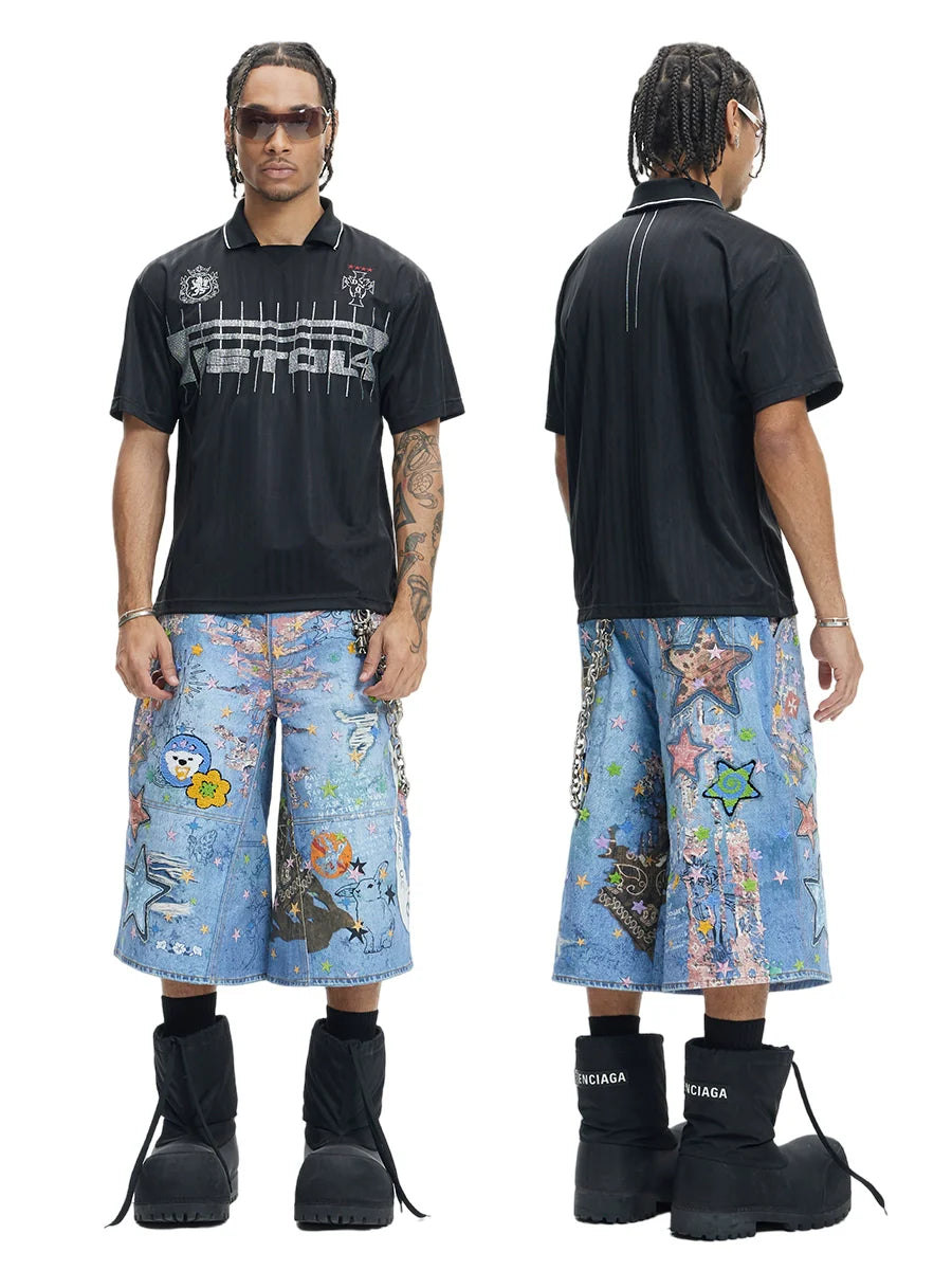 Graffiti Patchwork Denim Bermuda Shorts