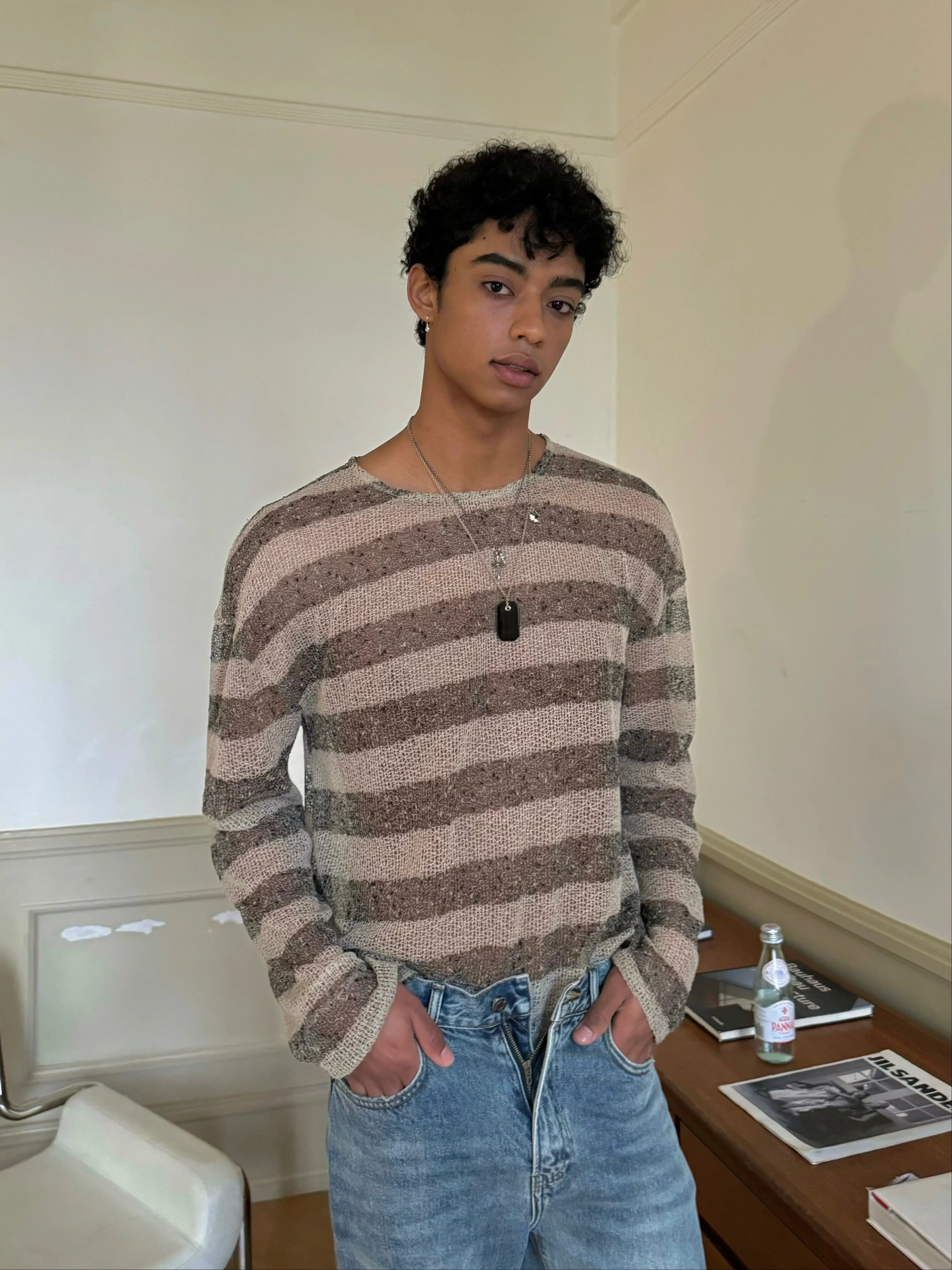 Coffee Striped Fuzzy Knit Sweater