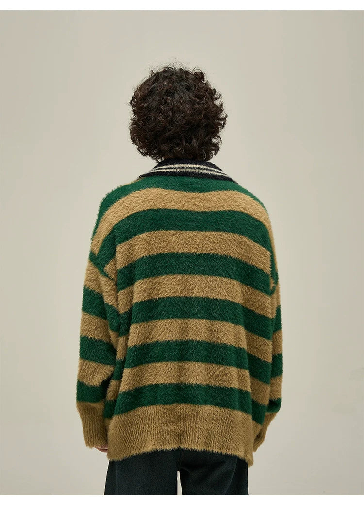 Fuzzy Striped Rugby Collar Sweater