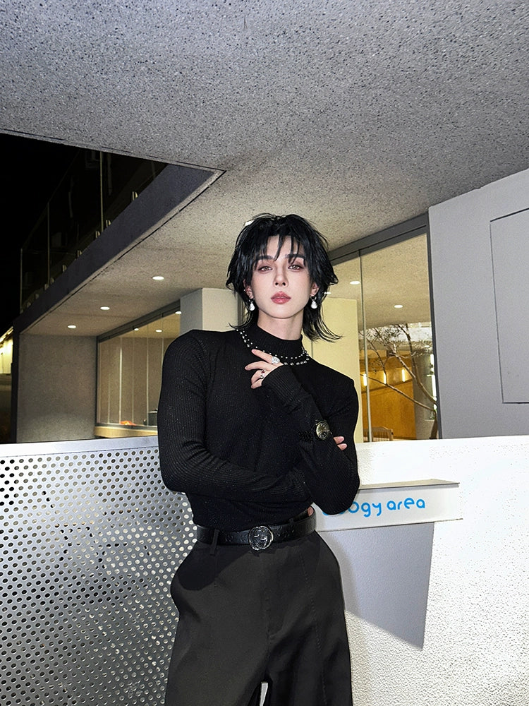 블랙 스터드 칼라 골지 니트 탑
