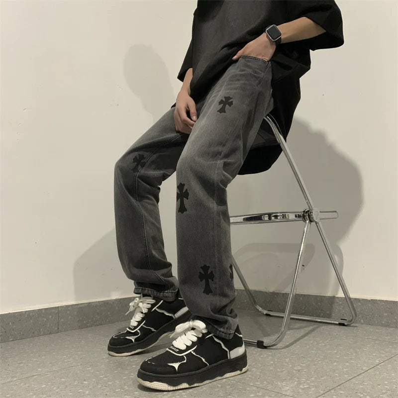 Vintage Wide Leg Denim Jeans with Cross Patches