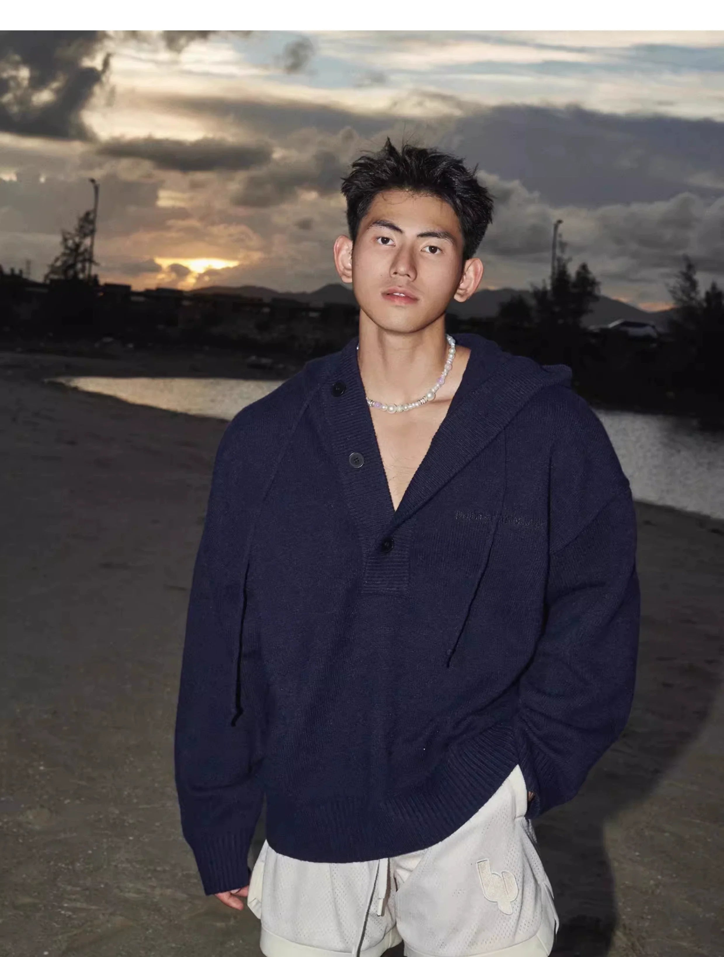 Blue Knit Hooded Henley Sweater