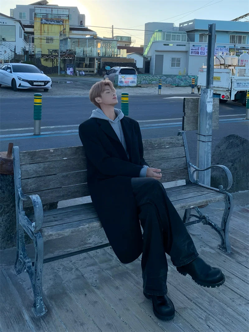 Long Black Wool Coat with Hoodie Layering