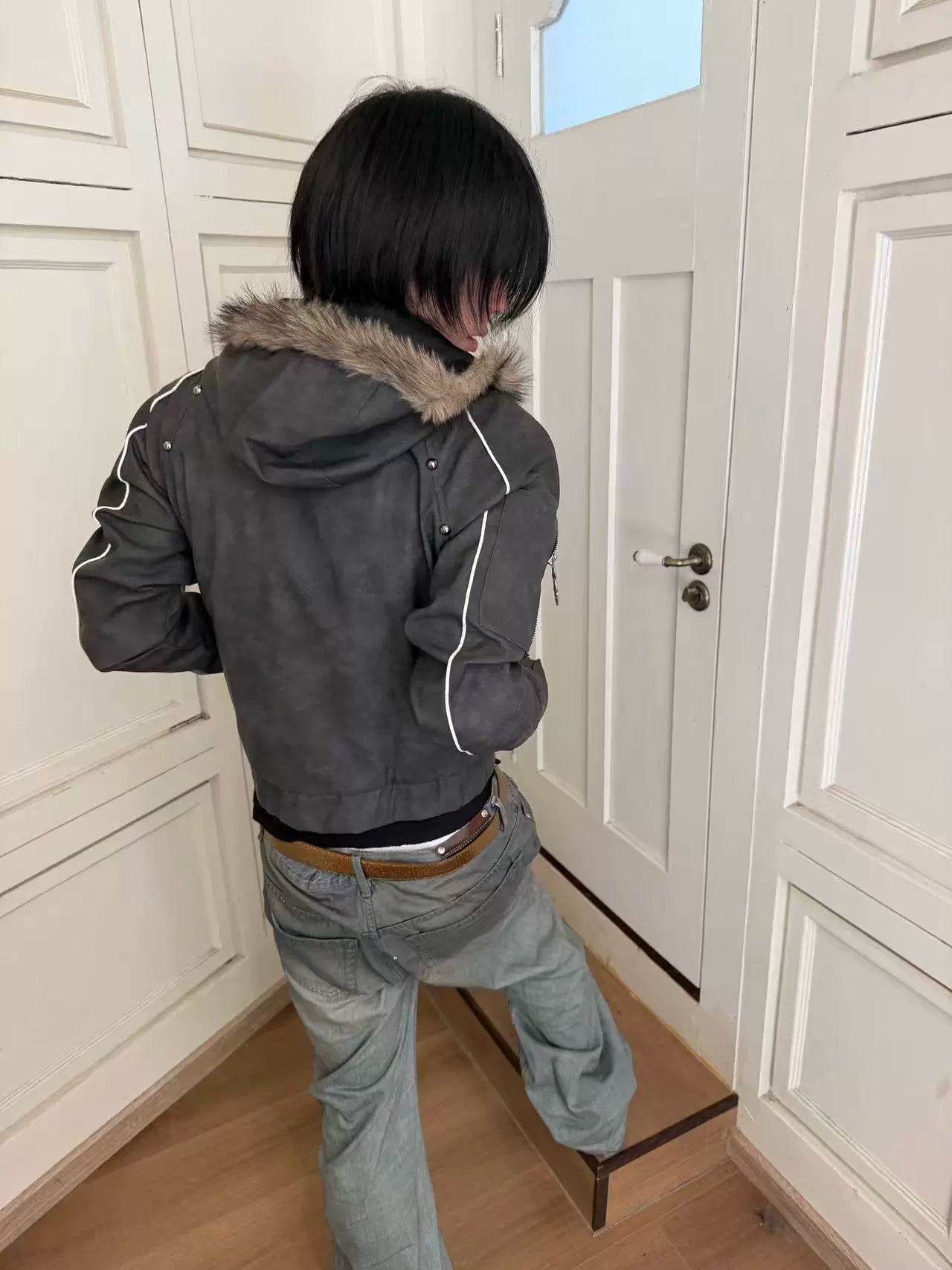 인조 모피 후드 크롭 PU 재킷