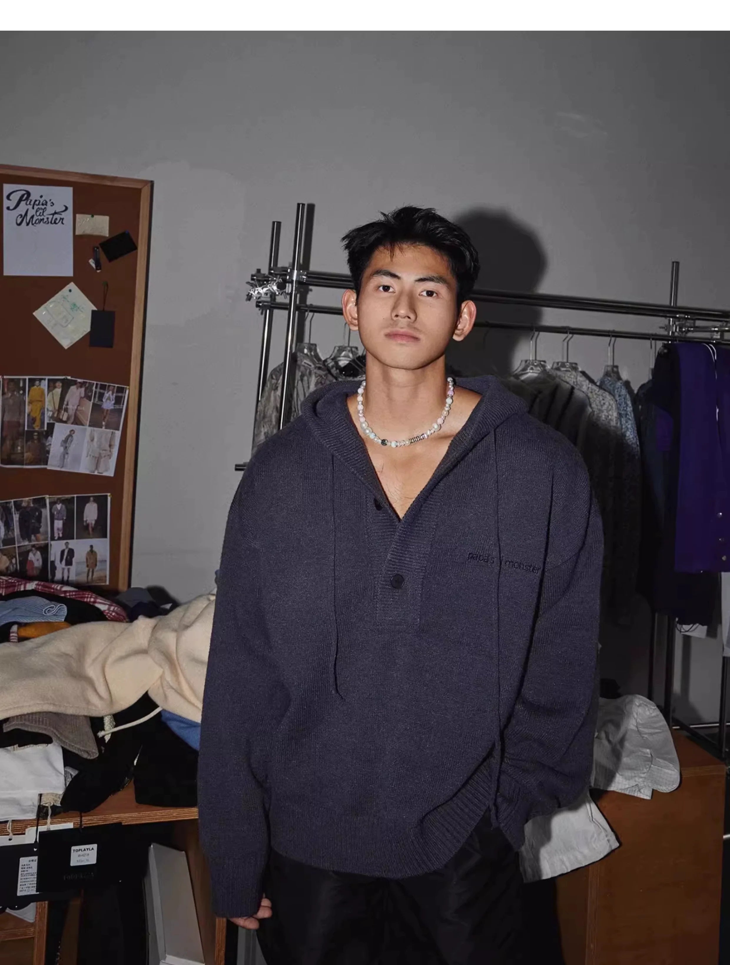 Blue Knit Hooded Henley Sweater