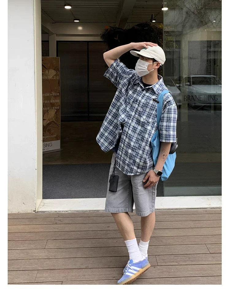 Oversized Blue and White Plaid Short Sleeve Shirt