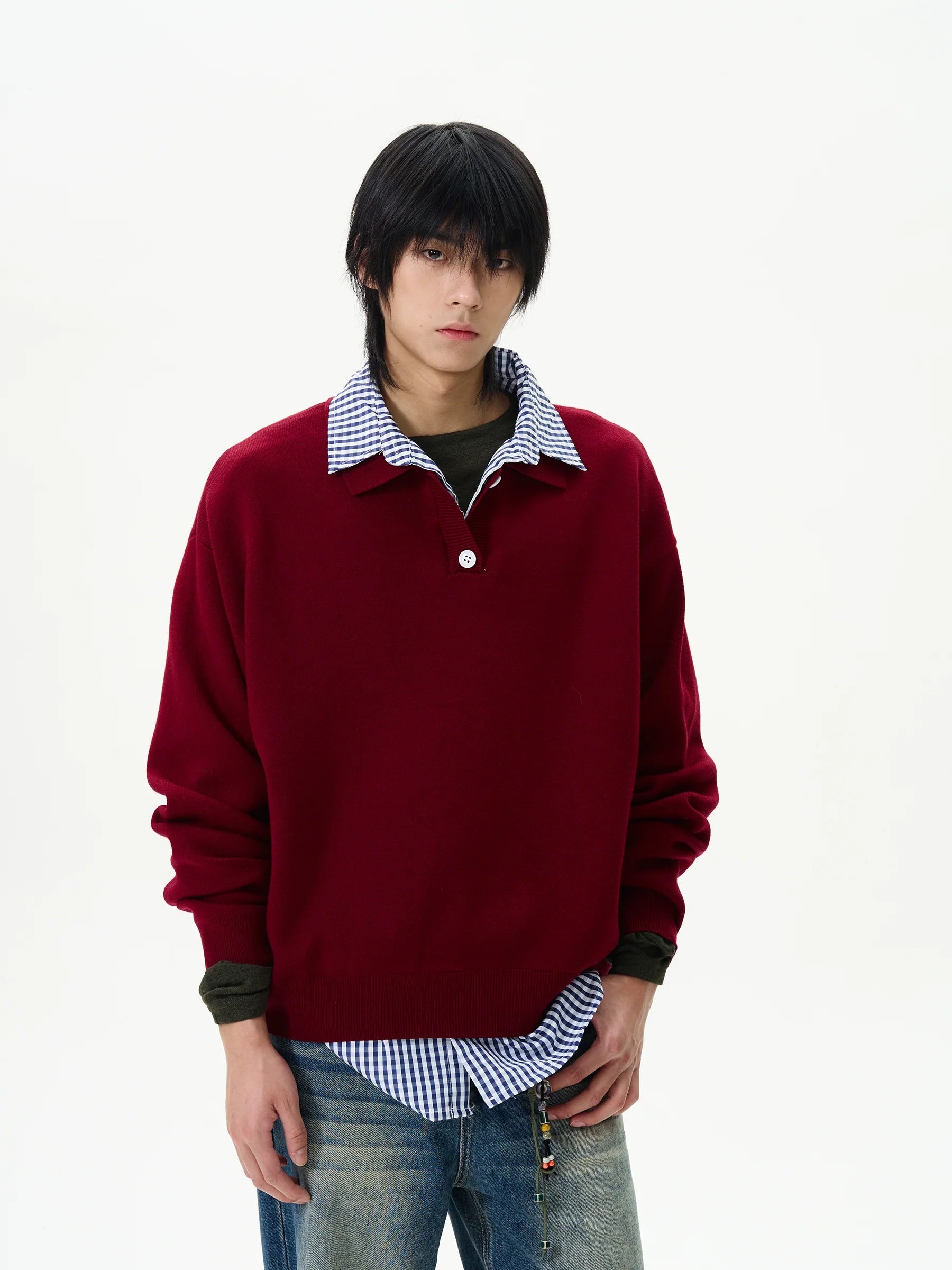 Knit Polo Sweater with Layered Shirt